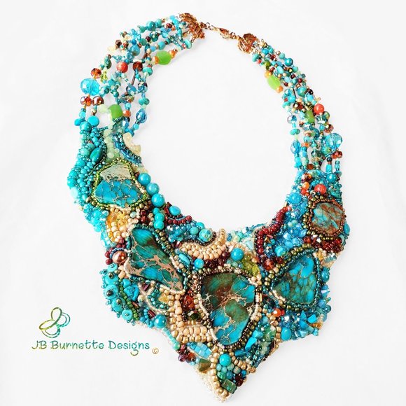 Turquoise Beaded Embroidery Statement Free-form Bib Necklace, Handmade Jewelry - Picture 9 of 10
